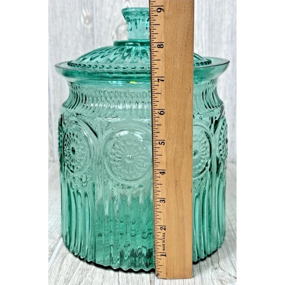 The Pioneer Woman Adeline Turquoise Pressed Glass Lidded Cookie Jar Embossed